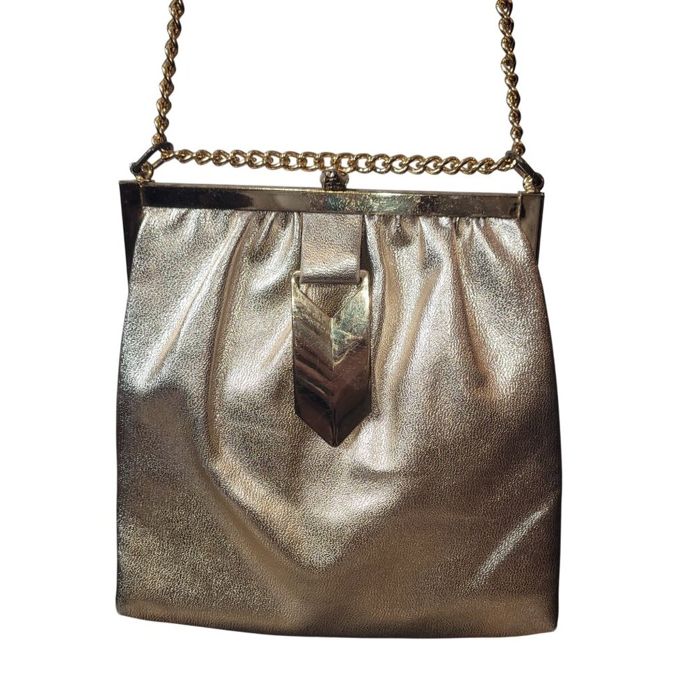 Vintage Gold Evening Bag With Chain Strap & Triangular Front Plate Satin Lined C - Picture 8 of 16